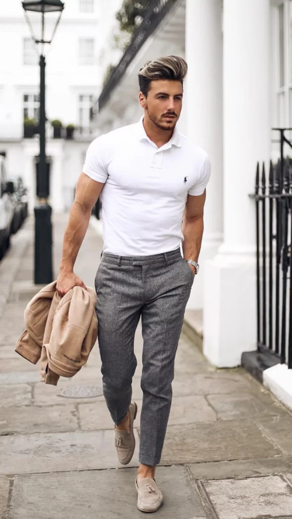 White Polo Shirt + Grey Trousers + Suede Penny Loafers