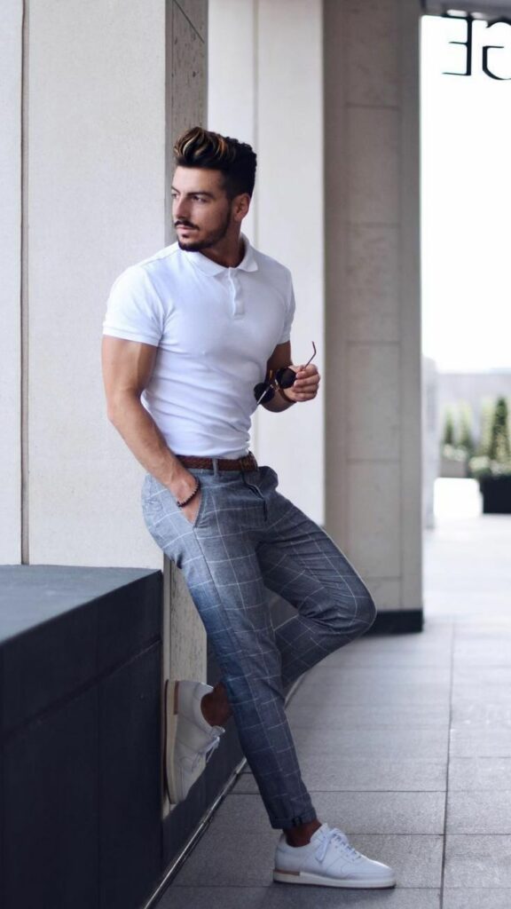 Grey Check Pants + White Polo Shirt + White Sneakers