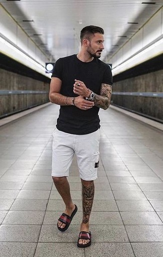black t-shirt with white shorts or trousers