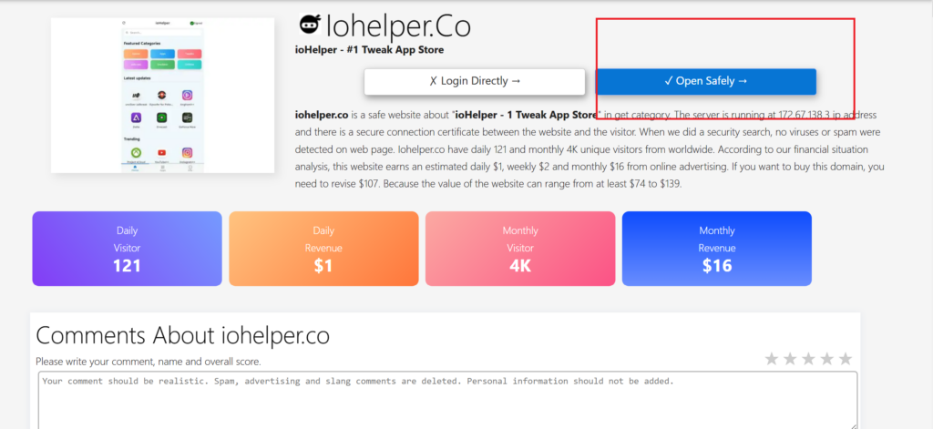 iohelper.co and screenshot of 'Open Safely