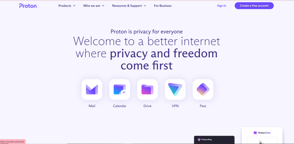 ProtonMail homepage screenshot