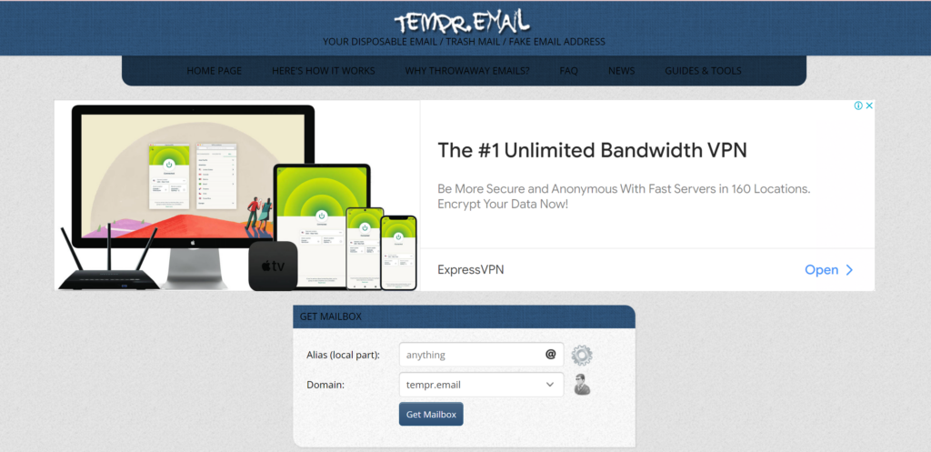 Tempr.Email homepage screenshot