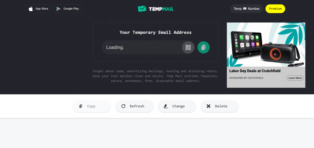 Temp Mail homepage screenshot