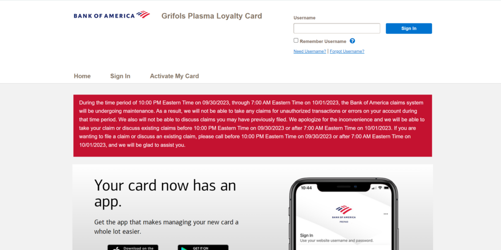 Bank of America Plasma Loyalty Card Activate Homepage