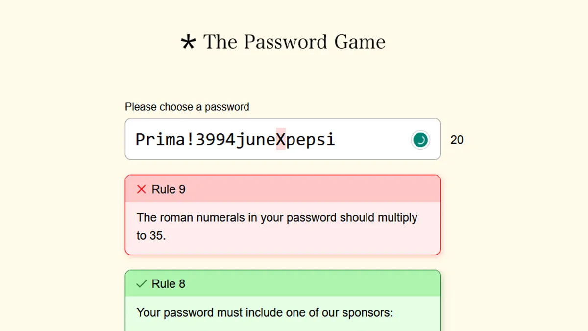 Roman numerals that add to 35 (Rule 9) in the Password Game